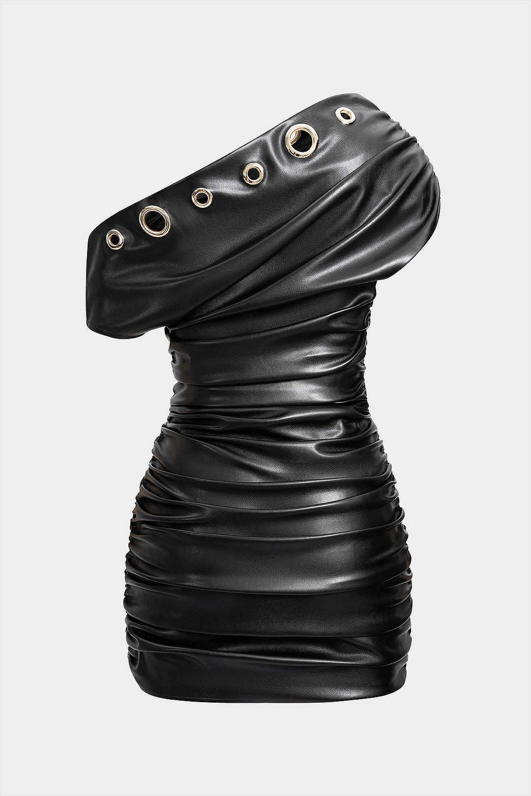 Faux Leather Metallic Eyelet Ruched One Shoulder Mini Dress - Flockneti