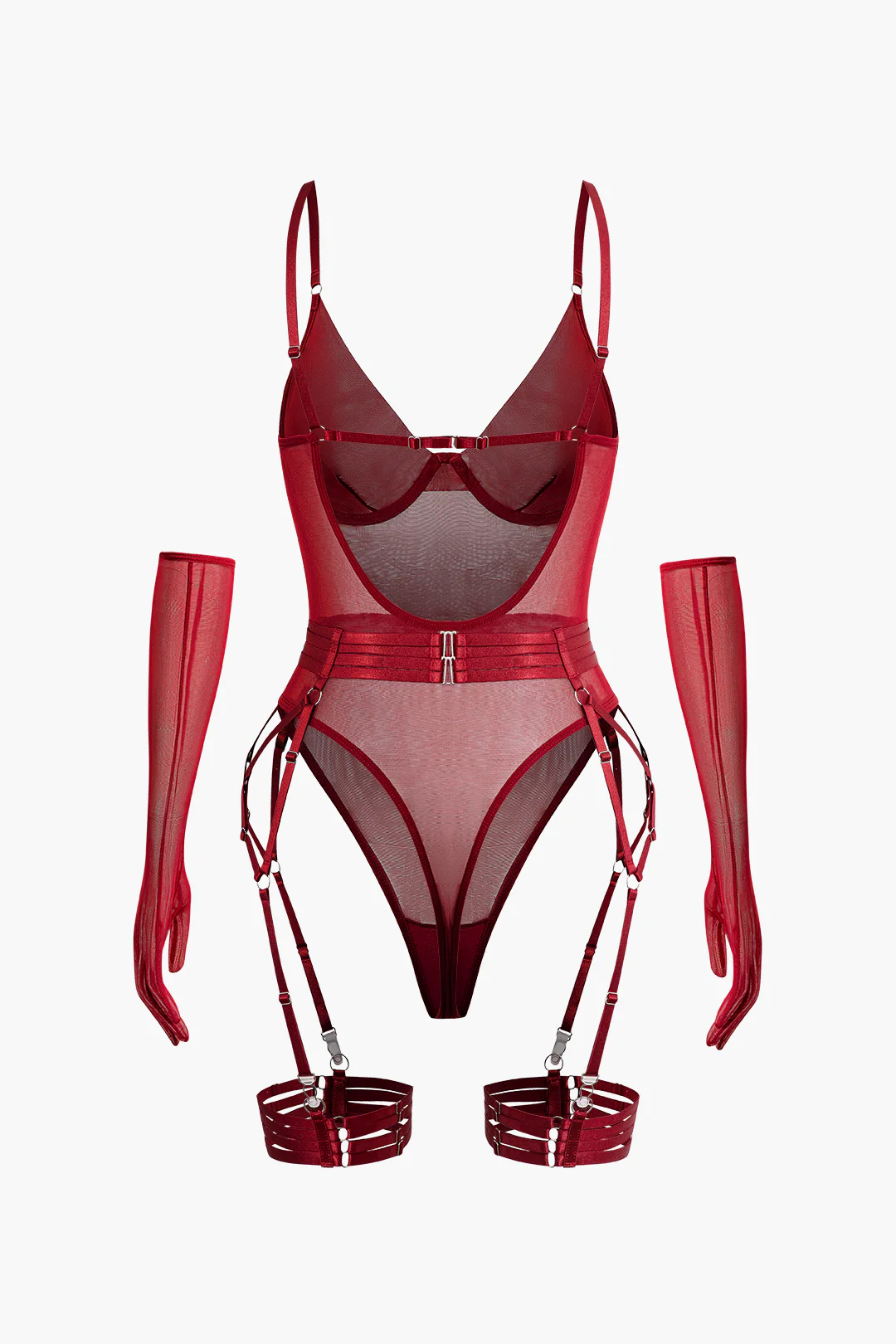 Sheer Mesh Belted Backless Bodysuit With Glove - Flockneti