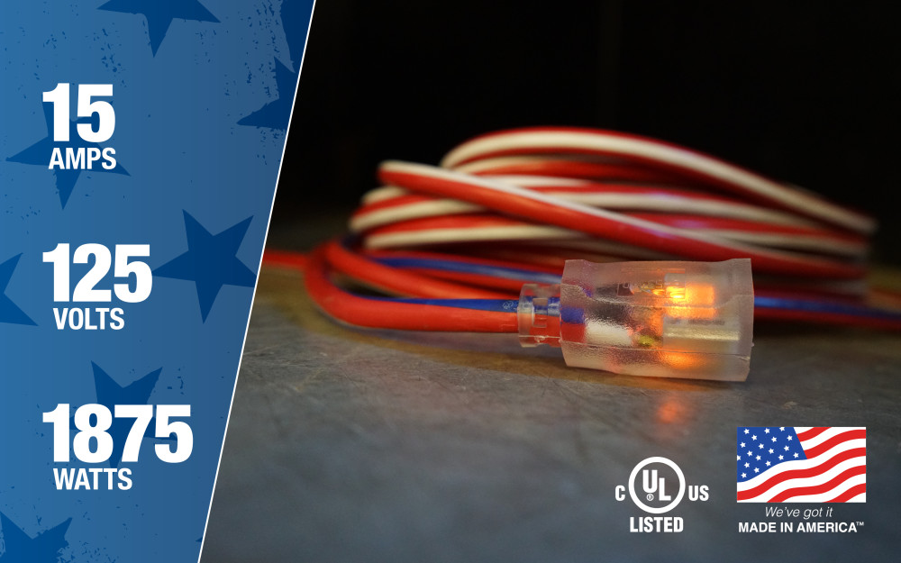 Southwire 12/3 50 Ft. SJTW Made in the USA Red/White/Blue Extension Cord - Flockneti