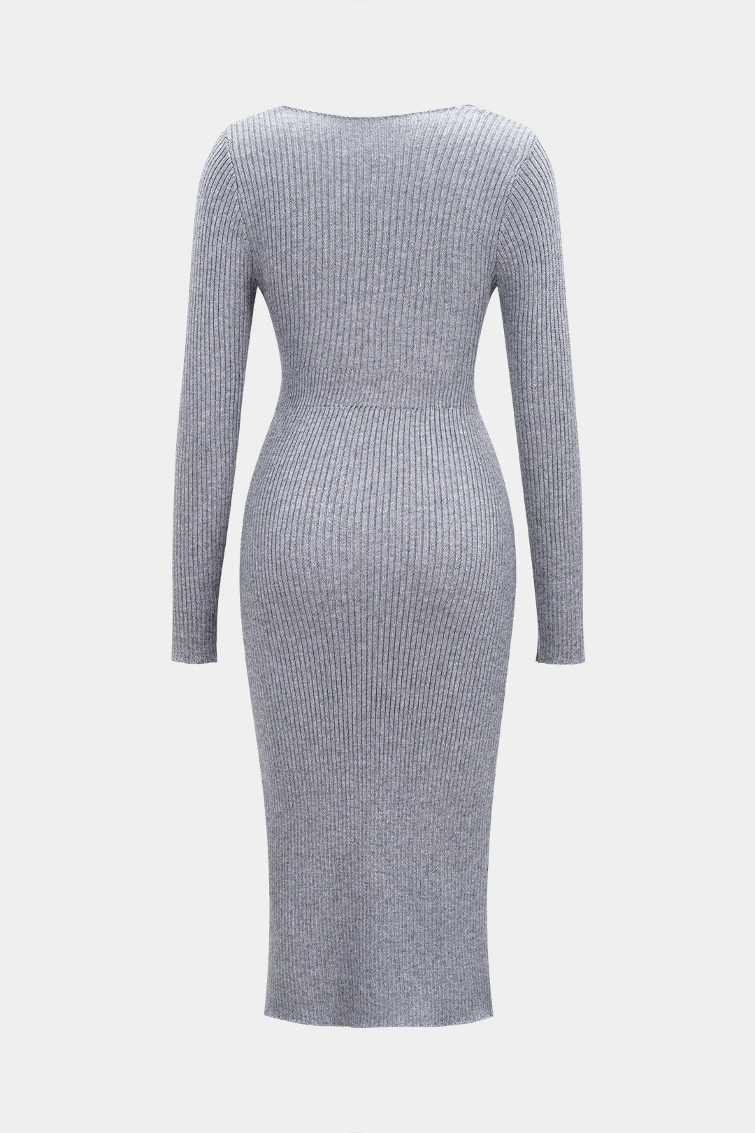 Knit Solid Button Waist Cinched Long Sleeve Dress - Flockneti