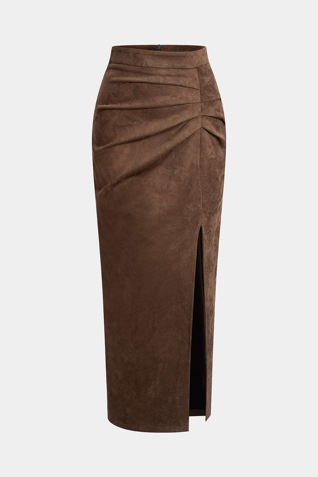 Suede Asymmetrical Ruched Side Split Zipper Skirt - Flockneti