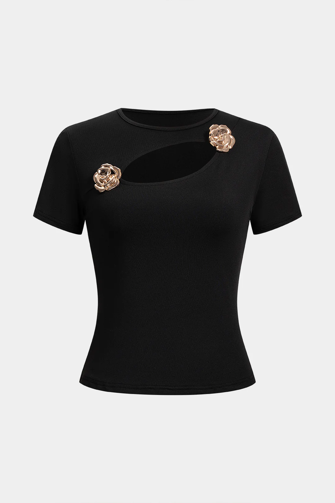 Metallic Round Neck Cut Out Short Sleeve T-Shirt - Flockneti