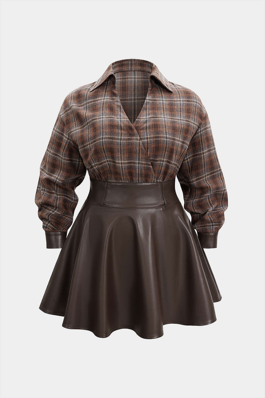 Plus Size Plaid Print Faux Leather Patchwork V-Neck Long Sleeve Mini Dress - Flockneti