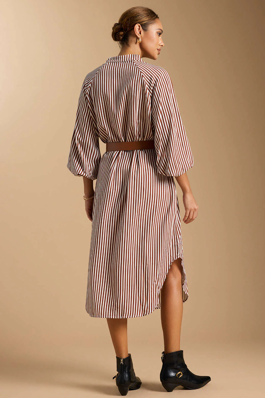 Stripes Print V-Neck Belted Long Sleeve Midi Dress - Flockneti