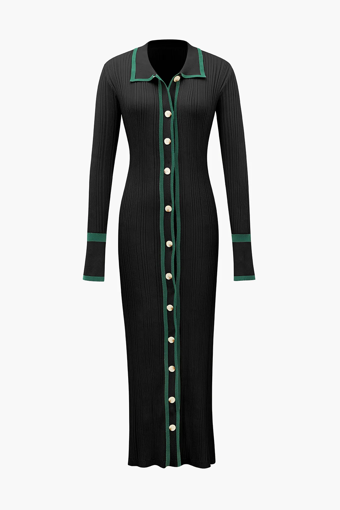 Contrast Trim Button Down Knitted Dress - Flockneti