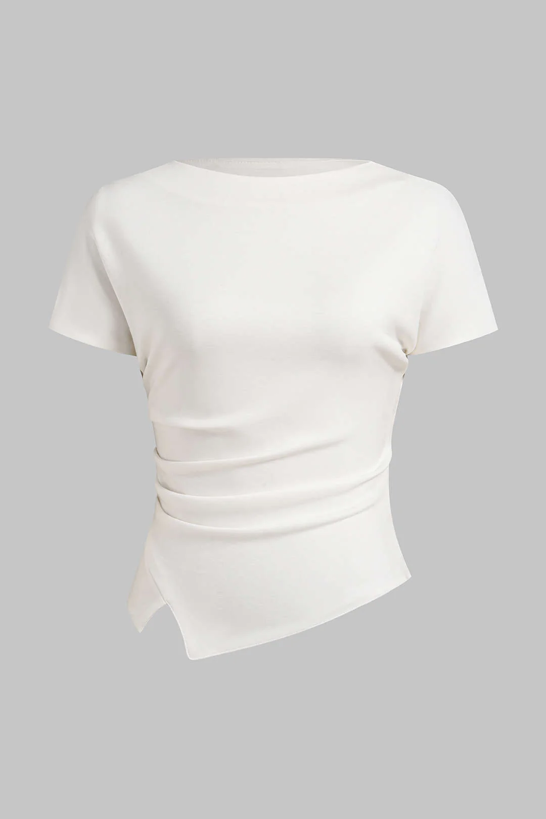 Solid Round Neck Asymmetrical Ruched Short Sleeve T-Shirt - Flockneti