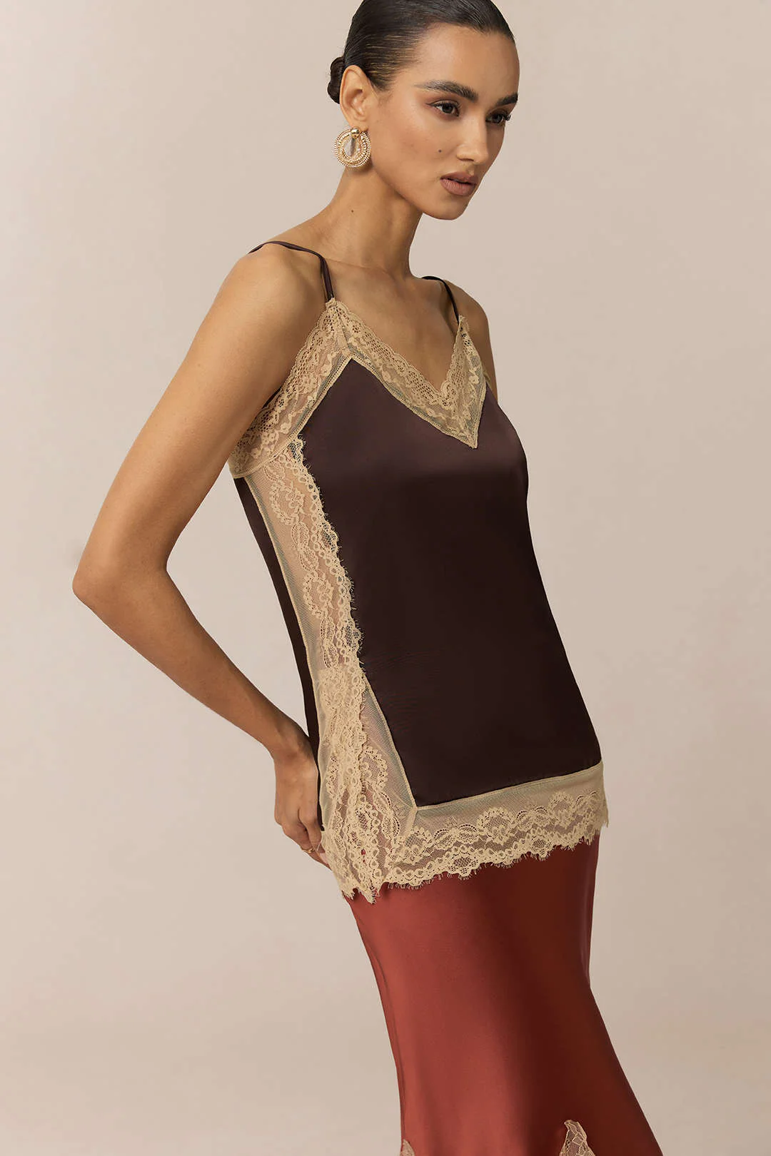 Satin Patchwork Lace Trim Cami Top - Flockneti