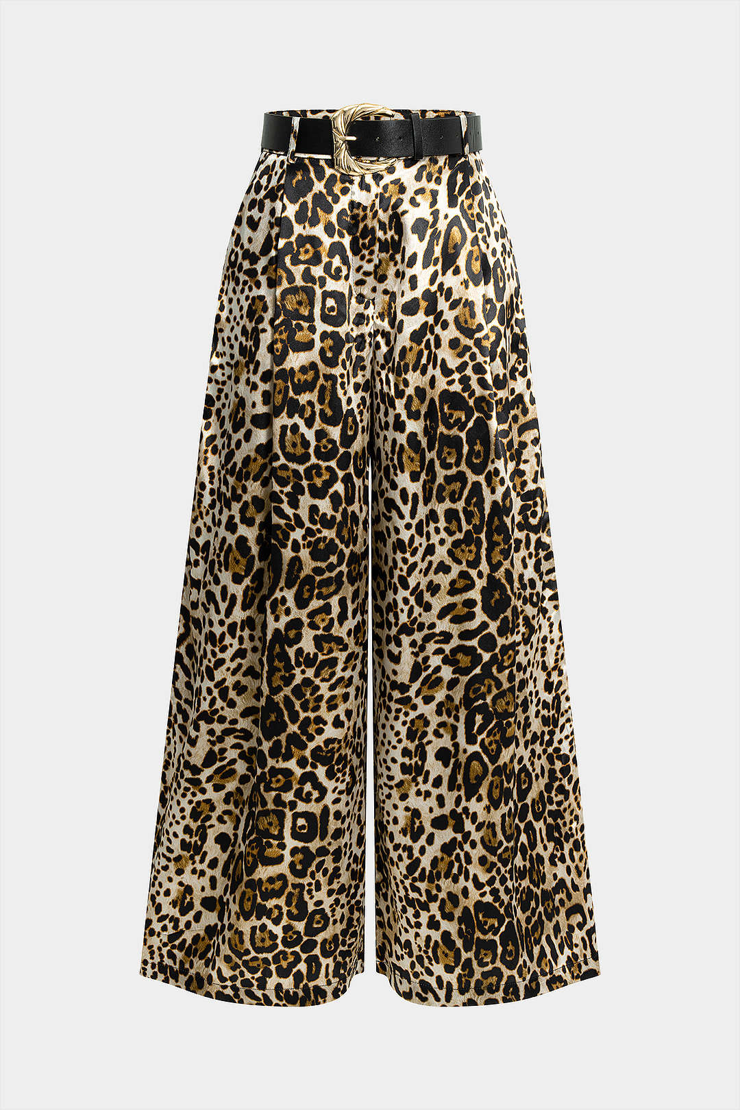 Leopard Print Satin Belted Straight Leg Trousers - Flockneti
