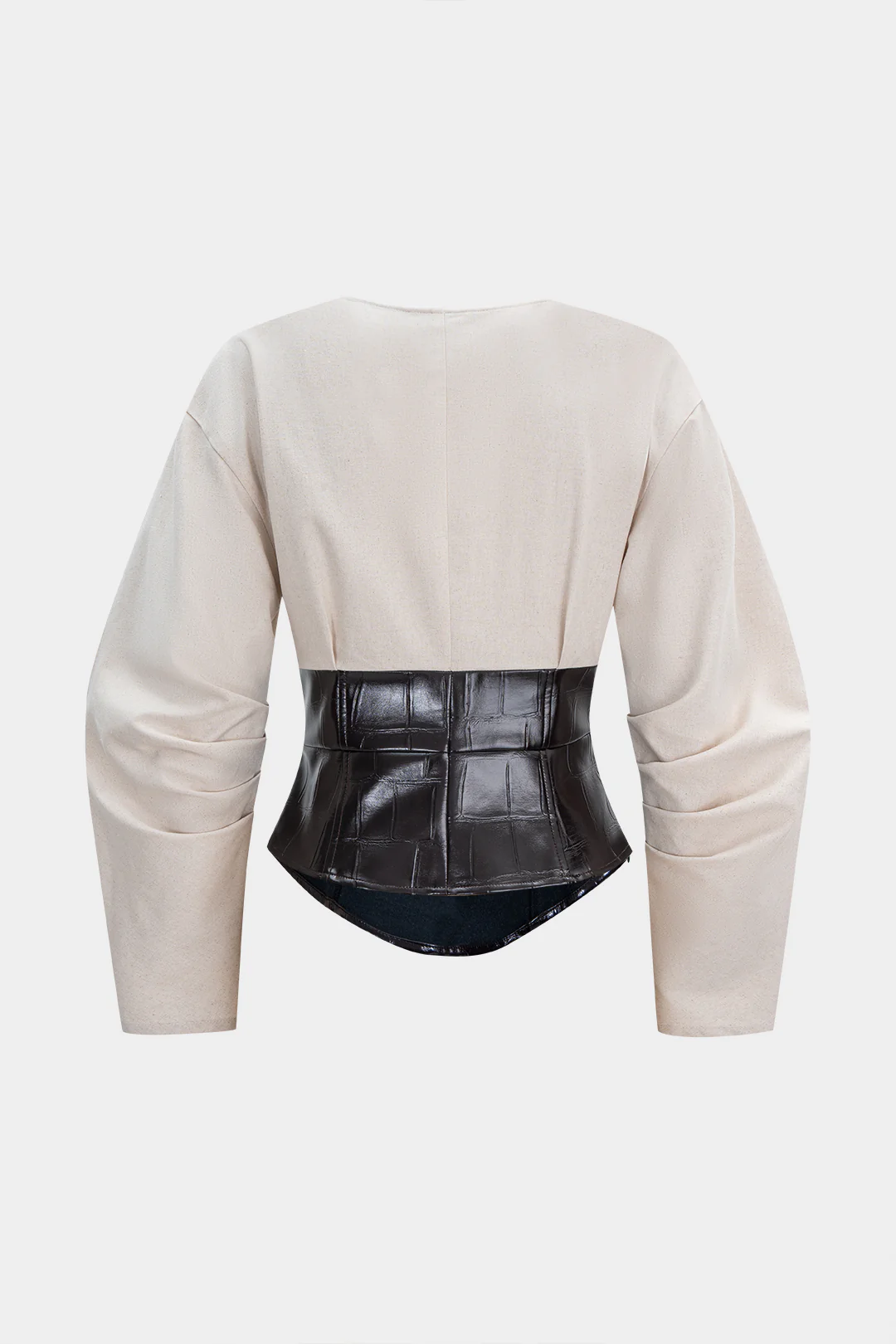 Faux Leather Metallic Button V-Neck Waist-Cinching Long-Sleeve Shirt - Flockneti