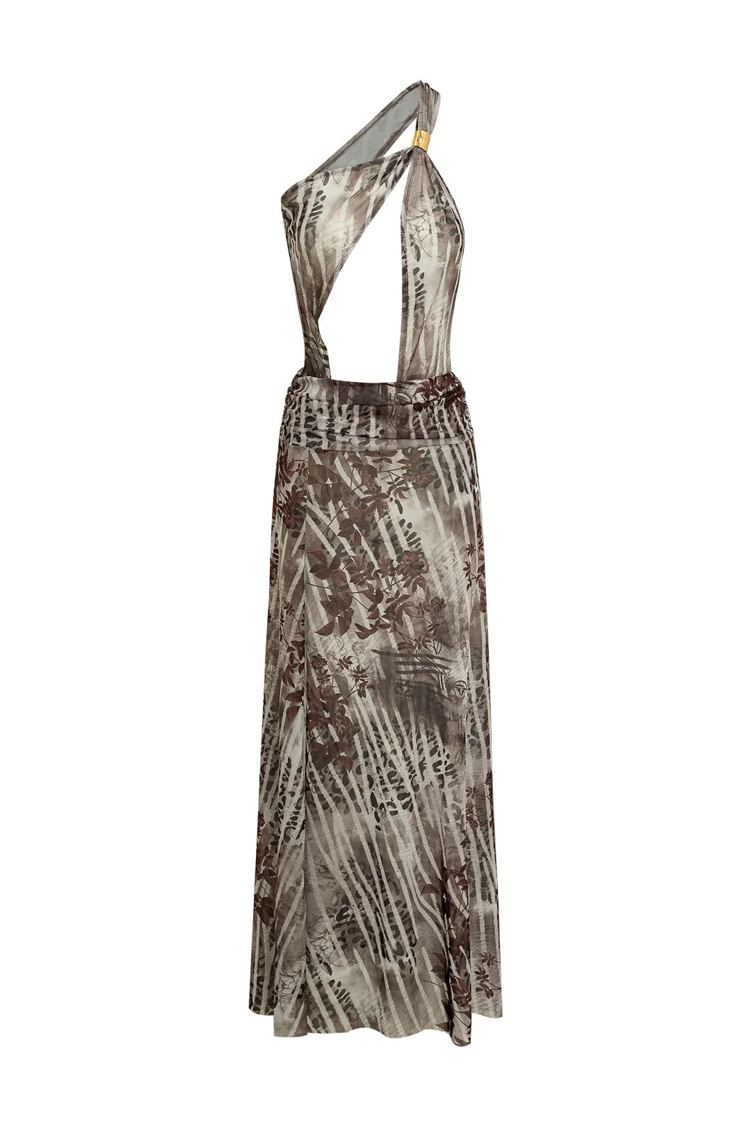 Leaf Print Backless Asymmetrical Slit Sleeveless Maxi Dress - Flockneti