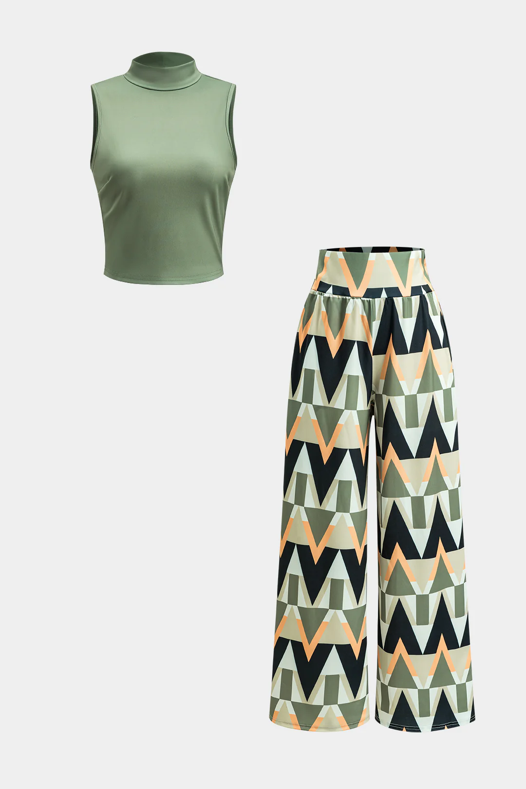 Sleeveless Tank Top And Geometric Pattern Trousers Set - Flockneti
