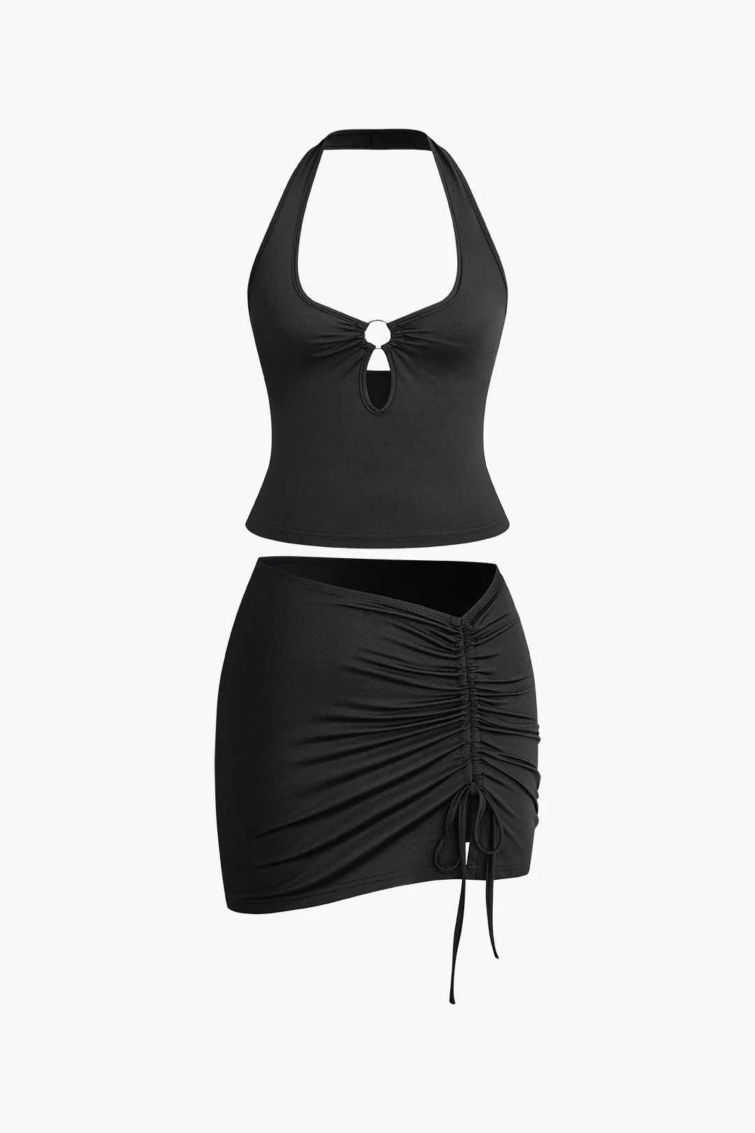 Halter Neck Metallic Decor Backless Cami Top And Drawstring Mini Skirt Set - Flockneti