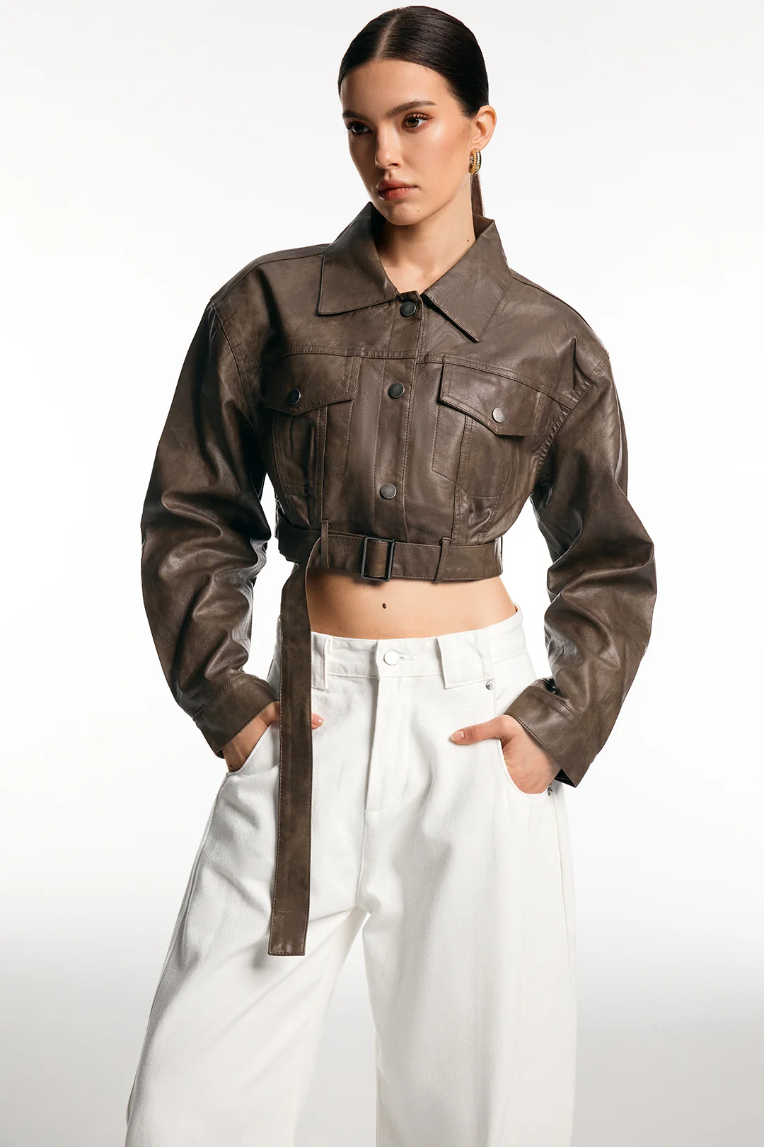 Faux Leather Belted Button Pocket Jacket - Flockneti