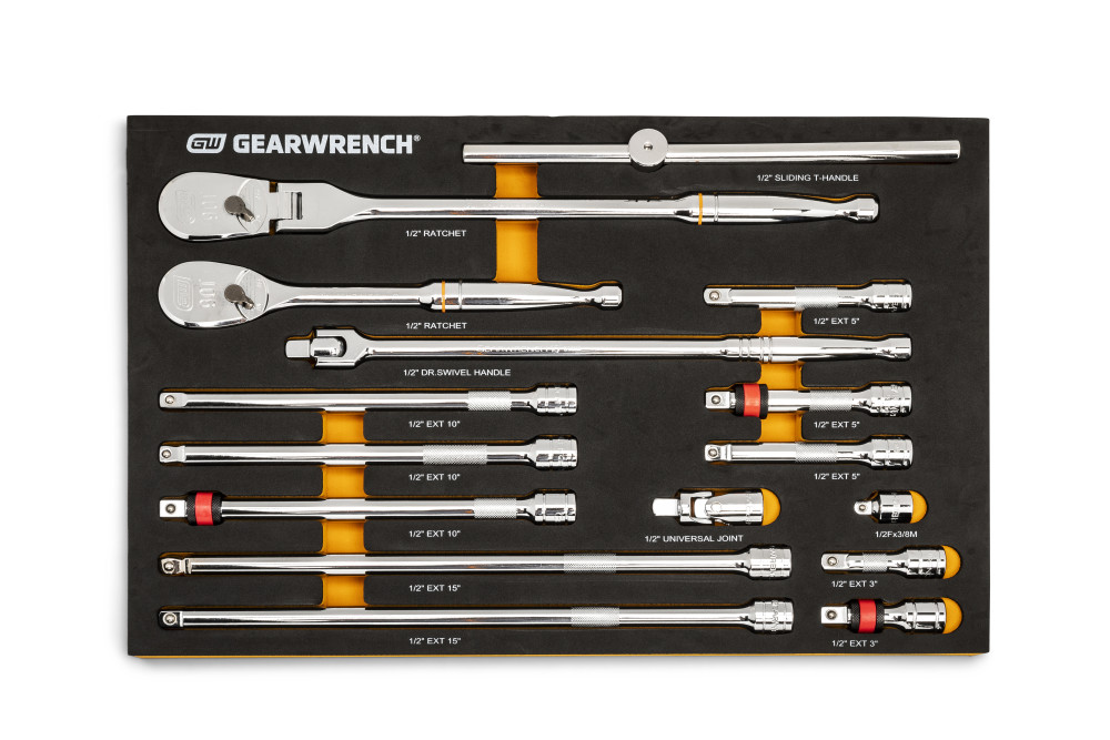 GEARWRENCH Ratchet & Drive Tool Set 1/2″ 90T with EVA Foam Tray 16pc - Flockneti