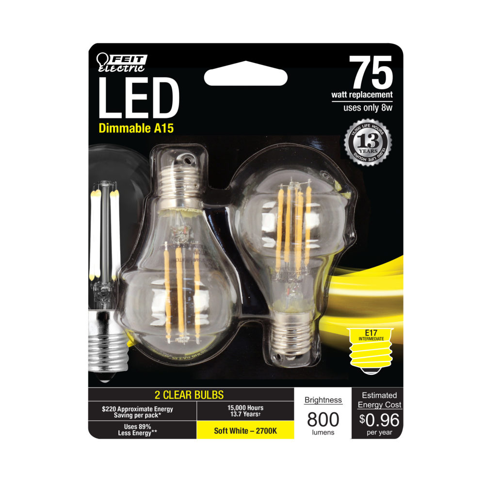 Feit Electric 75W A15 E17 2700K Glass Filament LED Bulb 2pk - Flockneti