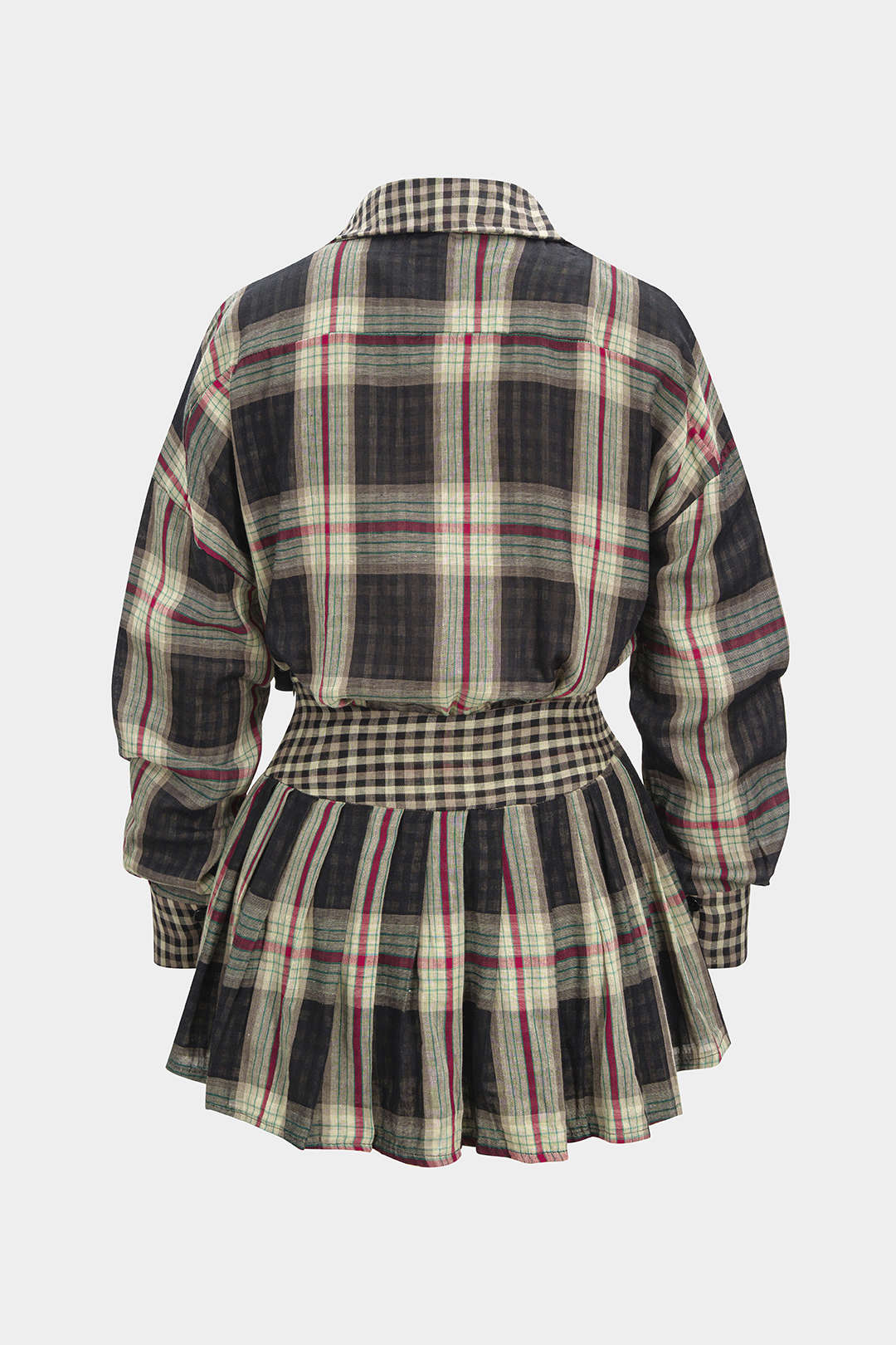 Plaid Print Button Long-Sleeve Shirt And Mini Skirt Set - Flockneti