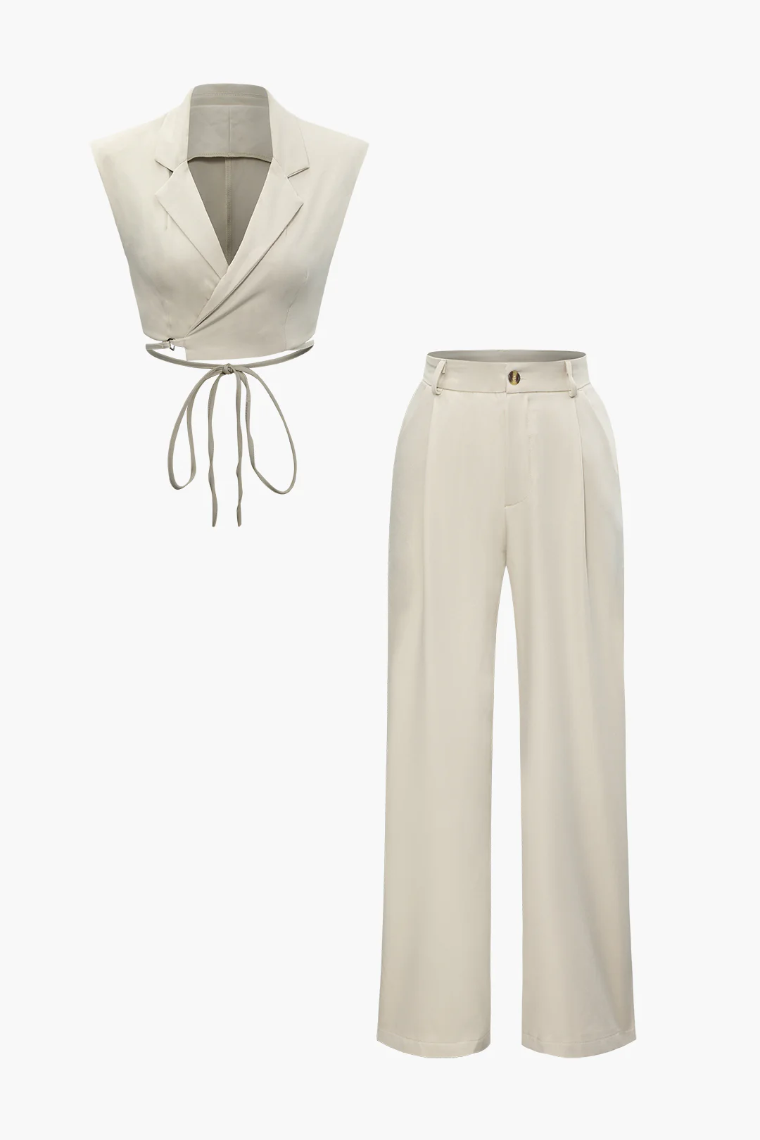 Notched Lapel Tie Back Vest And Straight Leg Suit Pants Set - Flockneti