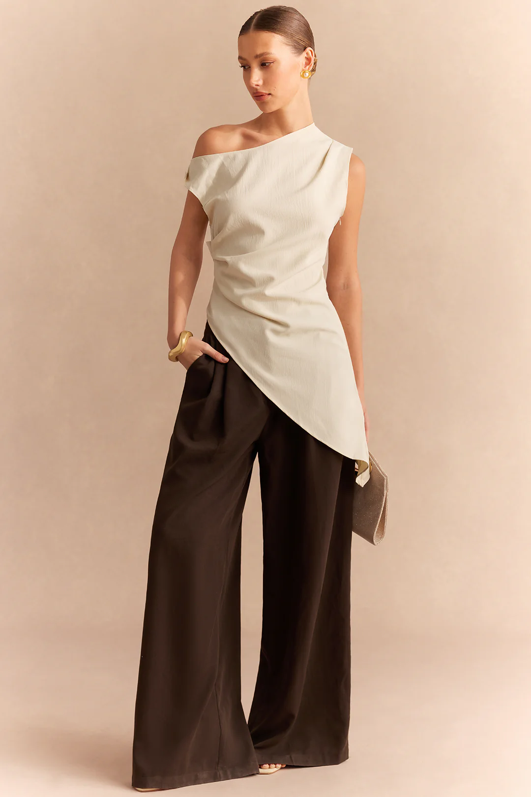 One Shoulder Asymmetrical Twist Knot Ruched Sleeveless Shirt - Flockneti