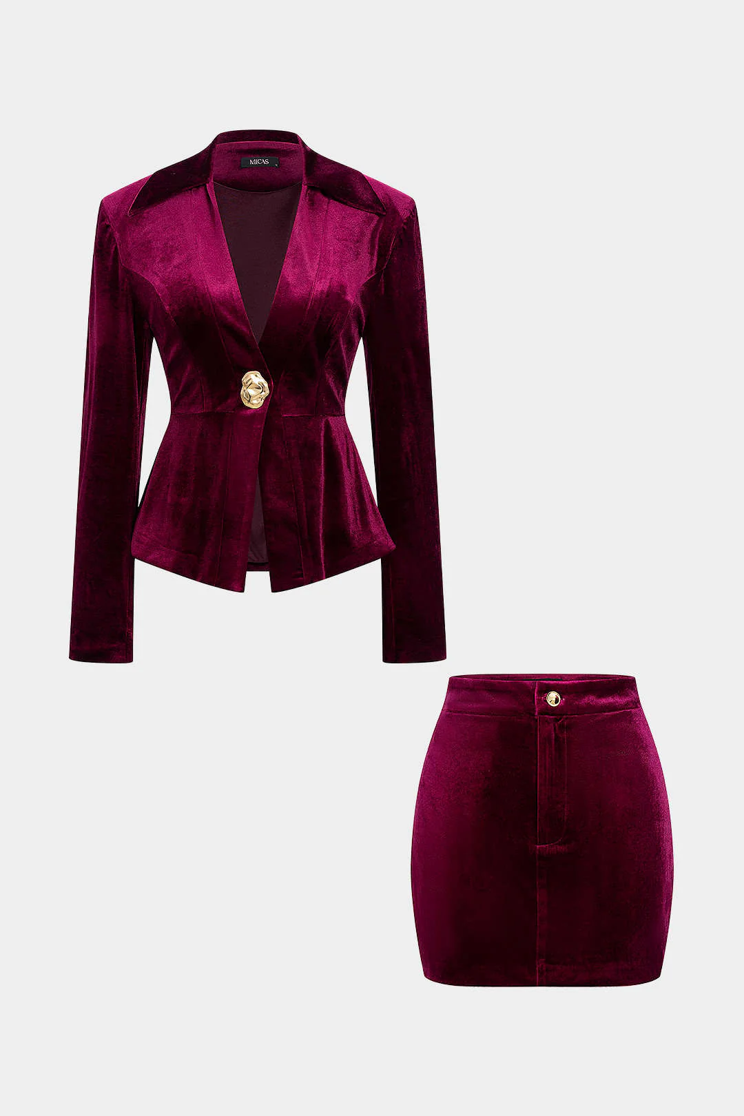 Metallic Button Zipper Shoulder Pads Long-Sleeve Top And Skirt Set - Flockneti