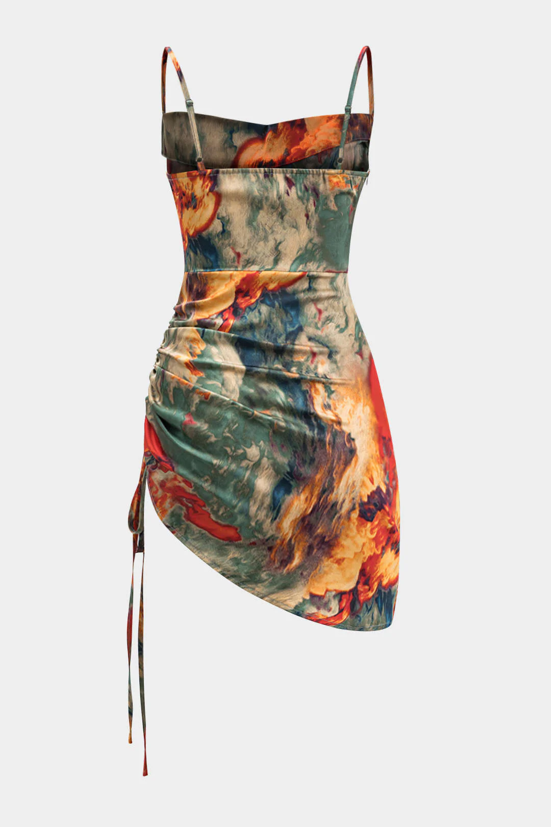 Watercolor Print Satin Ruched Drawstring Slip Mini Dress - Flockneti