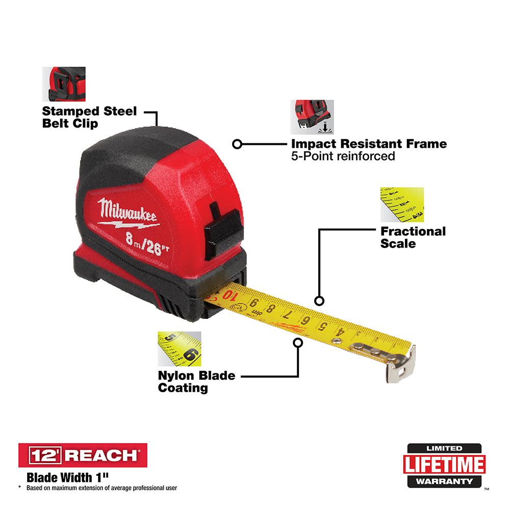 Milwaukee 8 m/26 ft. Compact Tape Measure - Flockneti