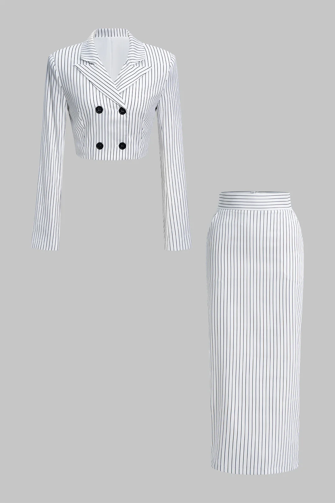 Stripes Print Notched Lapel Long-Sleeve Top And High Waist Skirt Set - Flockneti