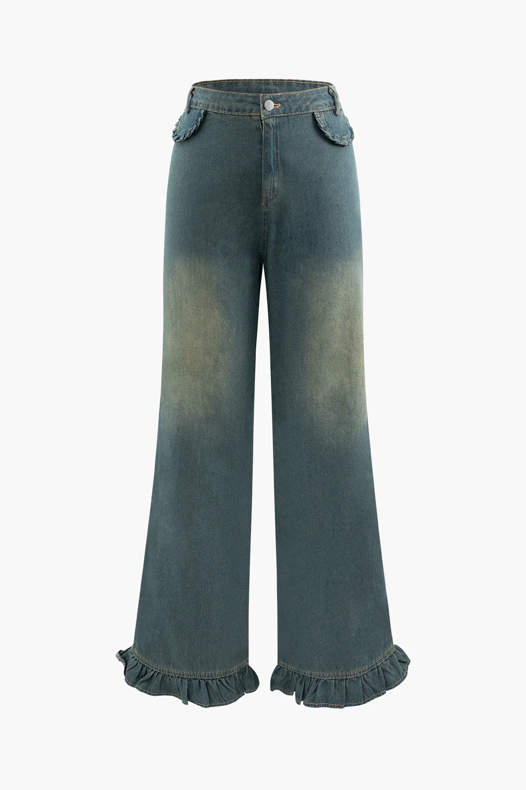 Denim Ruffle Hem Ruched Straight Wide-Leg Long Jeans - Flockneti