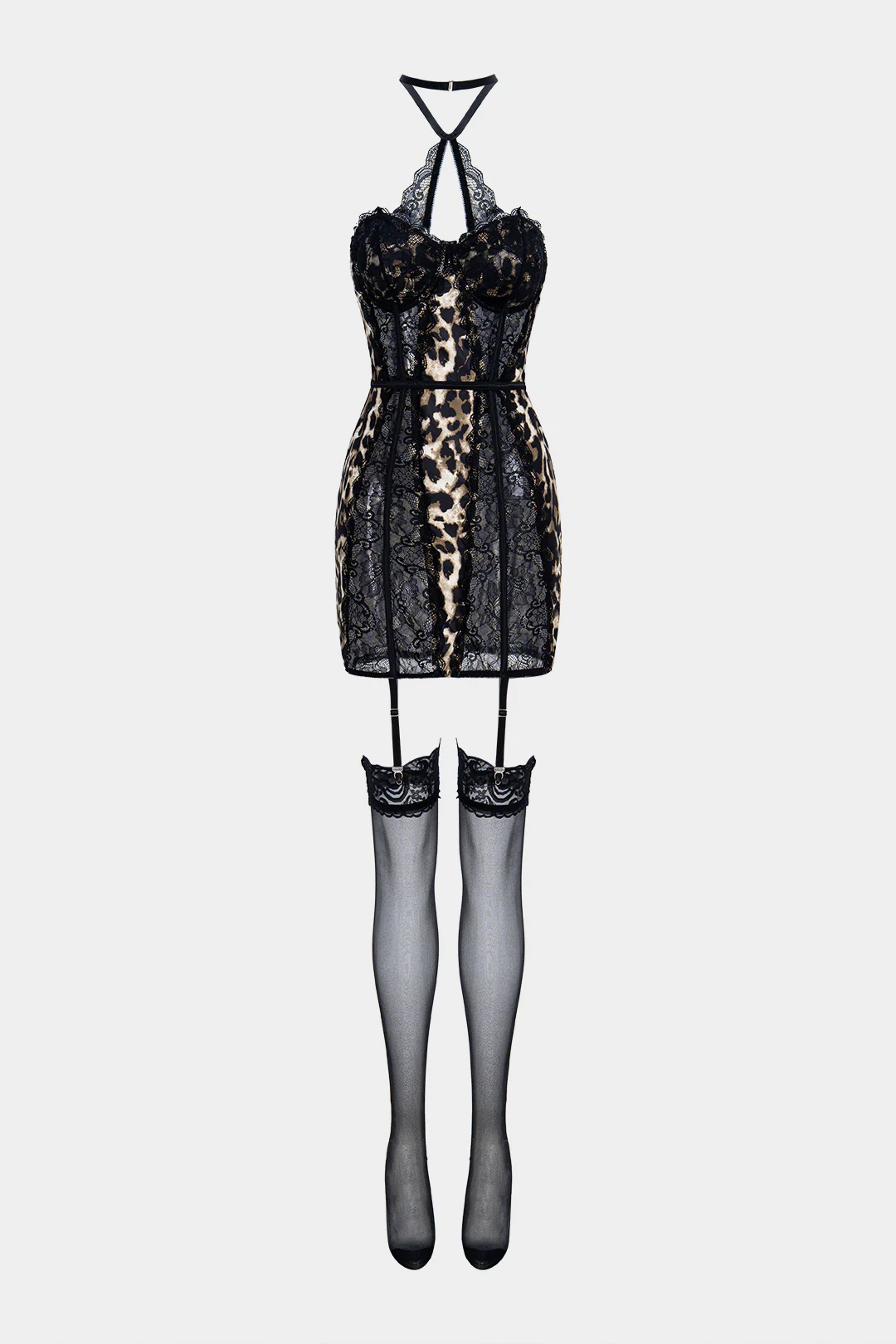 Leopard Print Lace Patchwork Cut Out Sleeveless Mini Dress - Flockneti