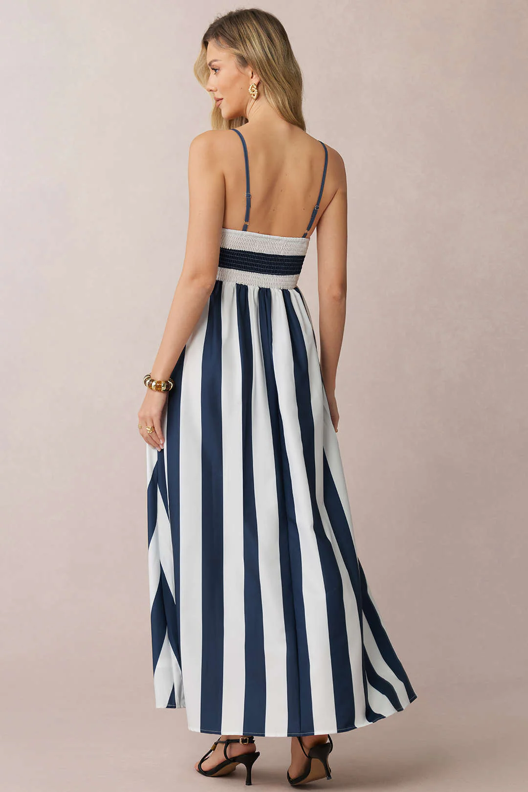 Stripes Print Smocked Backless Sleeveless Maxi Dress - Flockneti