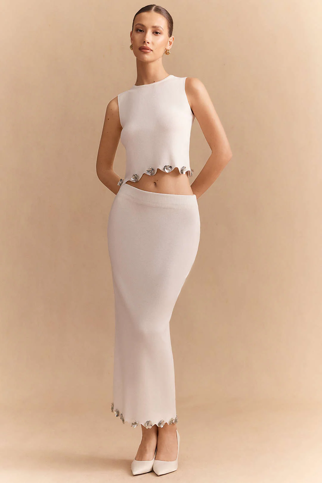 Knit Applique Sequin Round Neck Tank Top And Skirt Set - Flockneti