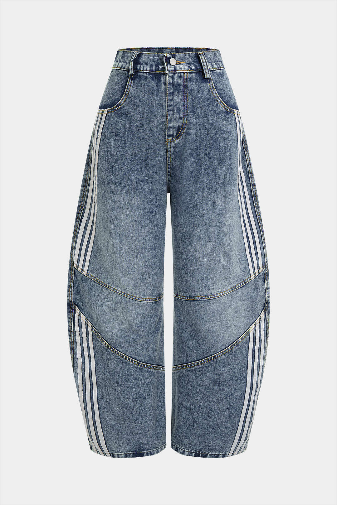Denim Striped Pocket Wide Leg Jeans - Flockneti