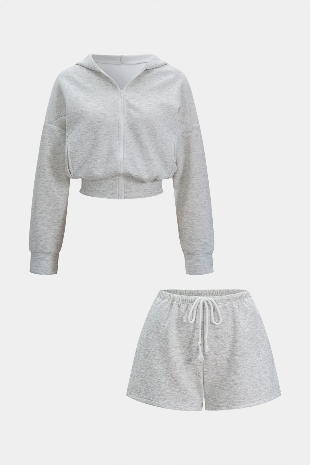 Hooded Pocket Zipper Long Sleeve Sweatshirt And Drawstring Shirred Waistband Shorts Set - Flockneti