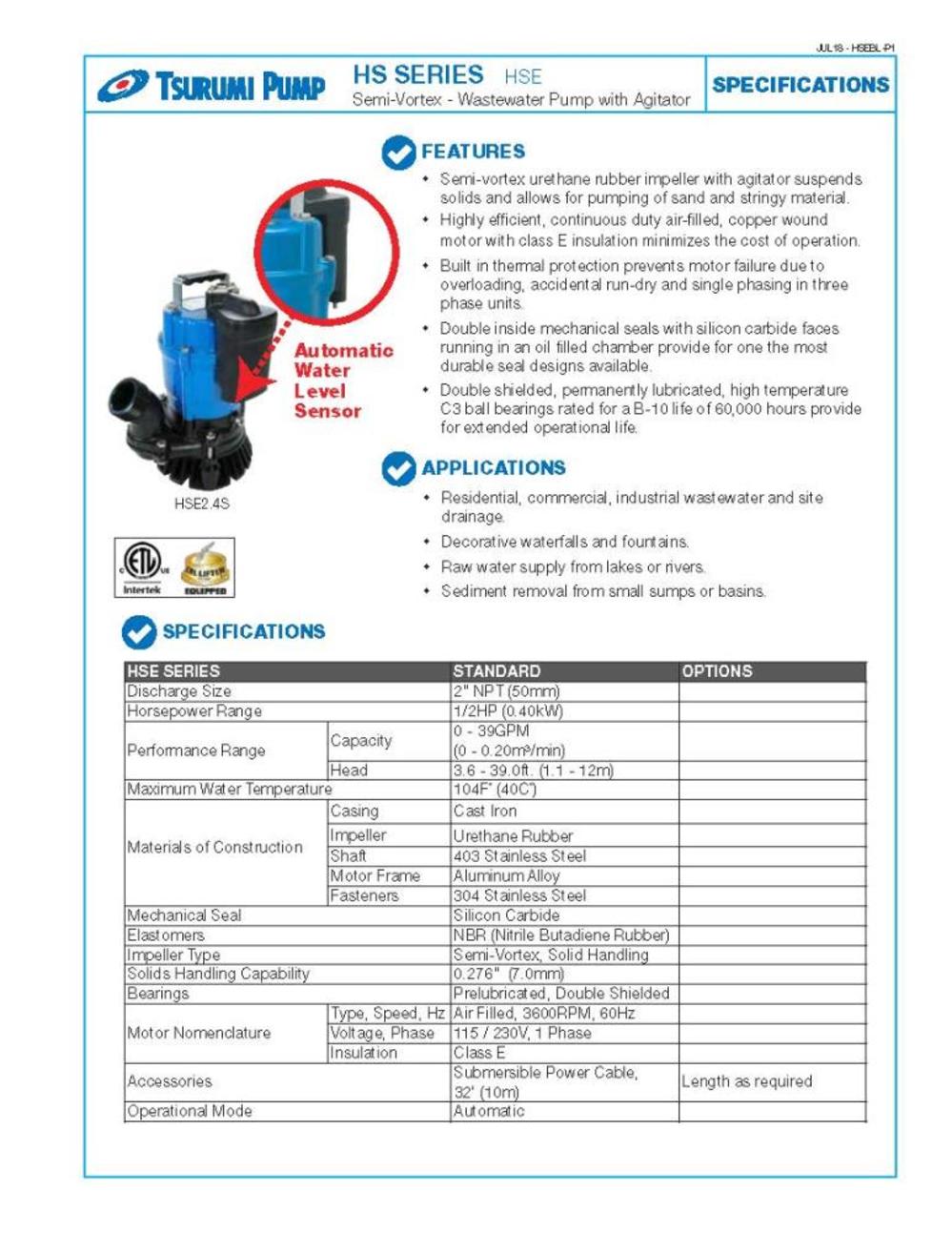 Tsurumi HSE2.4S Electric Submersible Pump - Flockneti