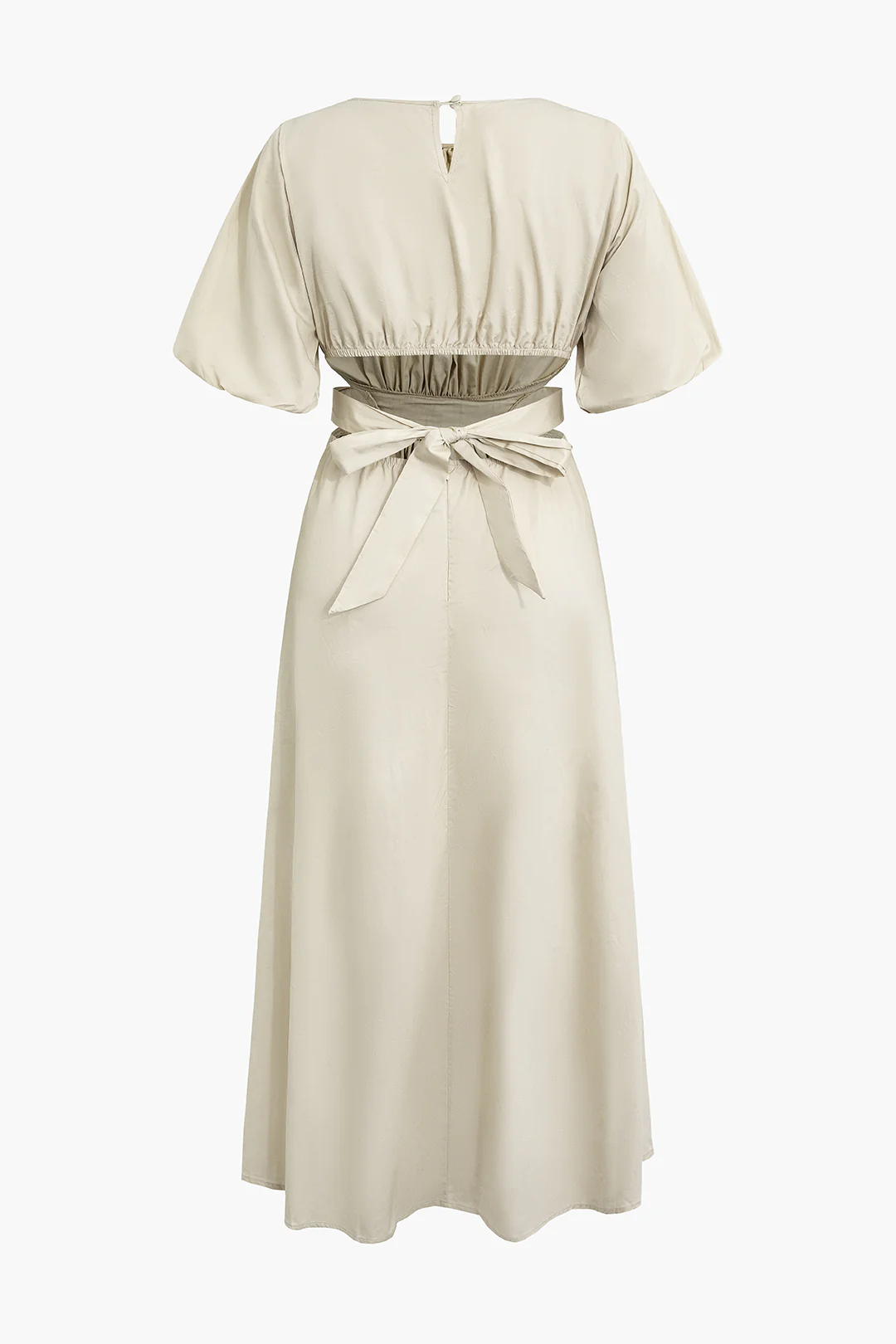 Round Neck Ruched Cut Out Tie Up  Puff Sleeve Midi Dress - Flockneti