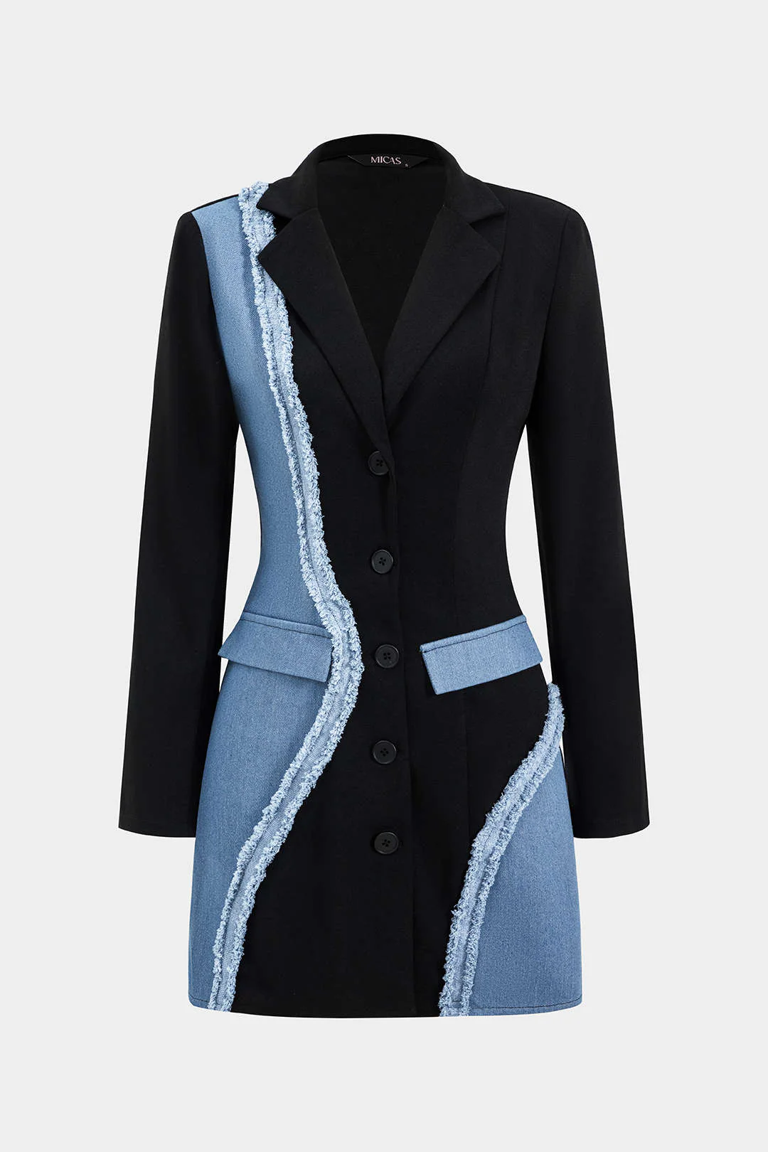 Denim Patchwork Long Sleeve Blazer Suit Mini Dress - Flockneti
