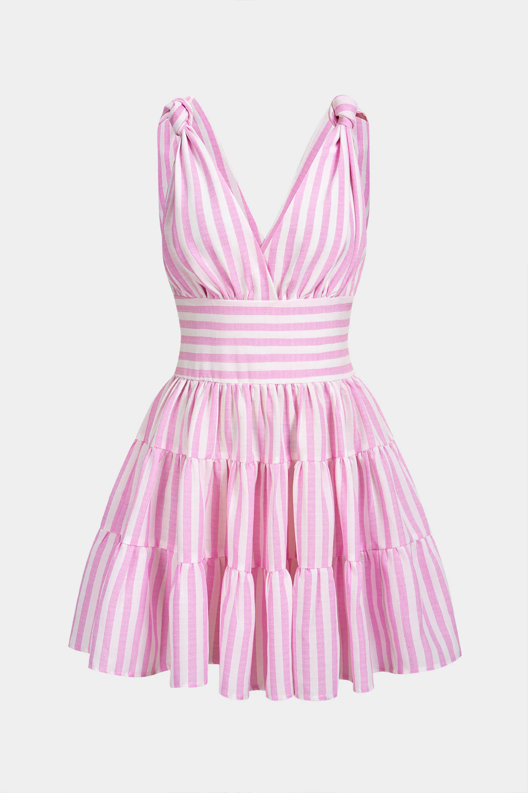 Stripes Print V-Neck Ruched Knotted Sleeveless Mini Dress - Flockneti