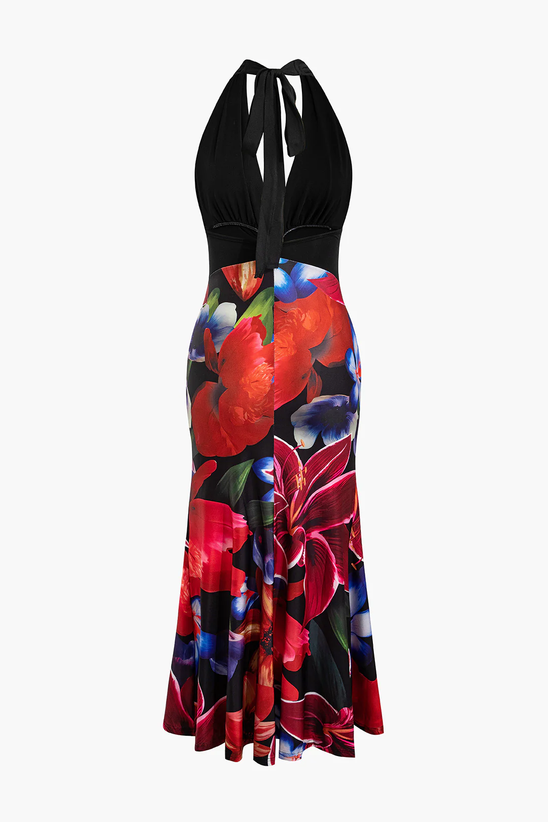Floral Print Halter Neck Tie Up Backless Patchwork Sleeveless Maxi Dress - Flockneti