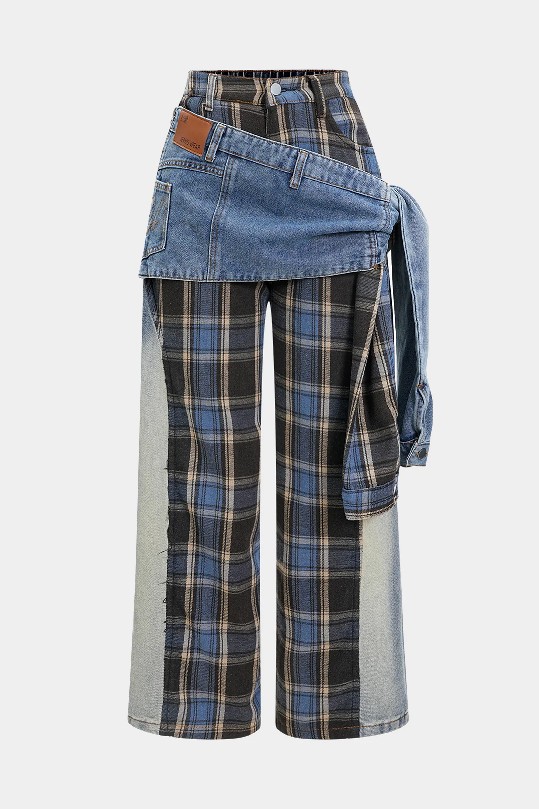 Denim Patchwork Plaid Print Washed Jeans - Flockneti