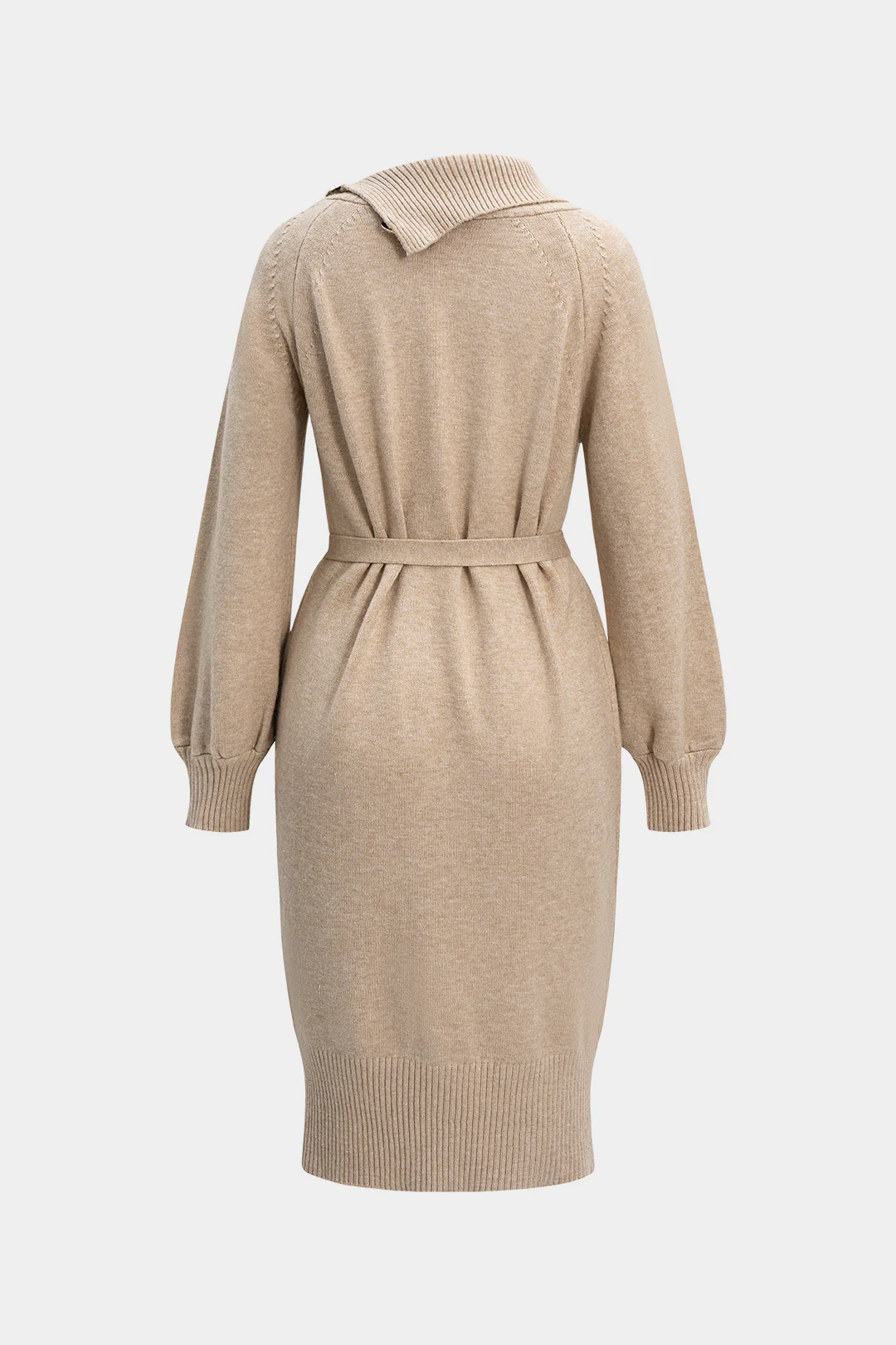 Knit Asymmetrical Button Tie-Up Long Sleeve Dress - Flockneti