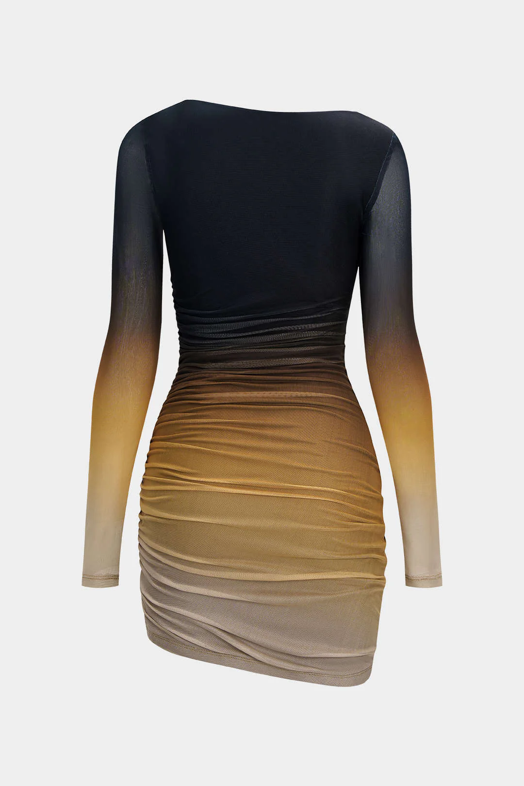 Mesh Colorblock Print Asymmetrical Ruched Long-Sleeve Mini Dress - Flockneti