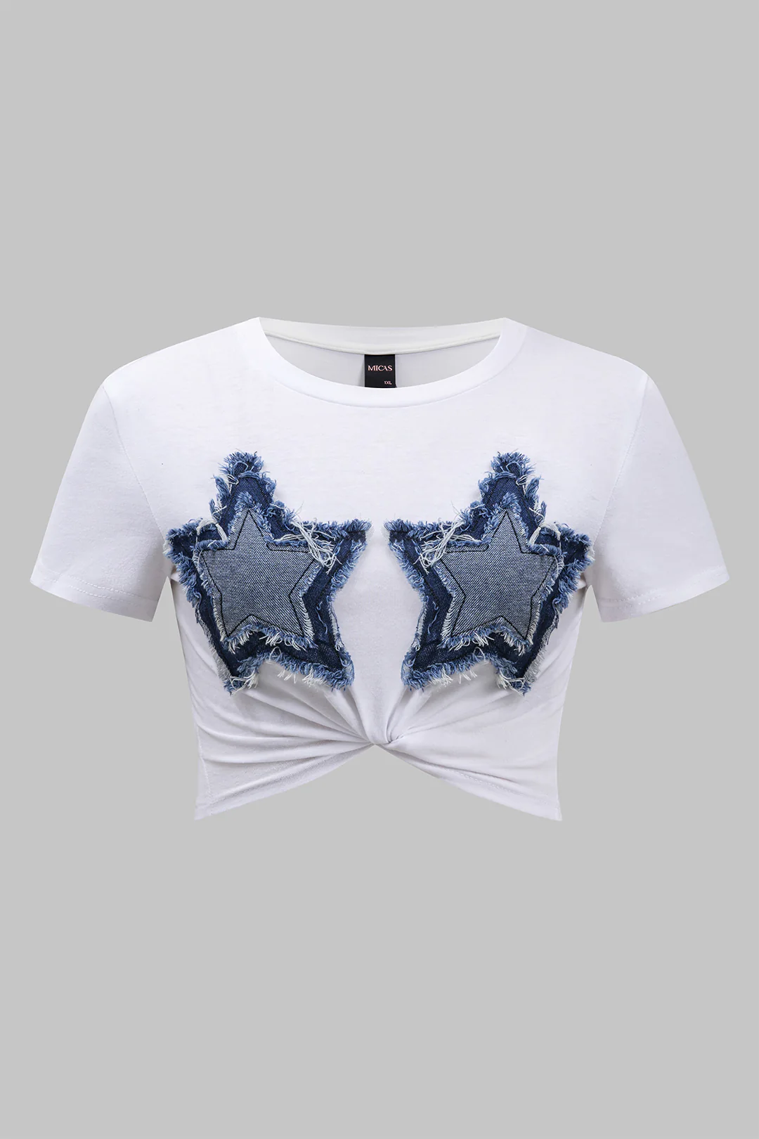 Plus Size Round Neck Denim Patchwork Short Sleeve T-Shirt - Flockneti