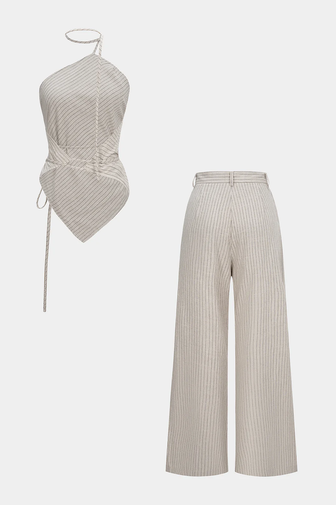 Stripes Print Halter Tie-Up Backless Top And Wide Leg Pants Set - Flockneti