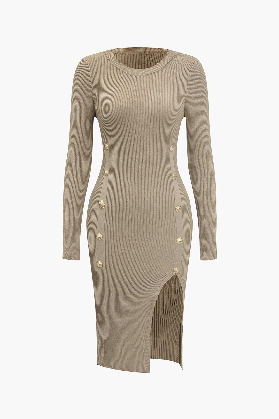 Knit Button Slit Long Sleeve Dress - Flockneti