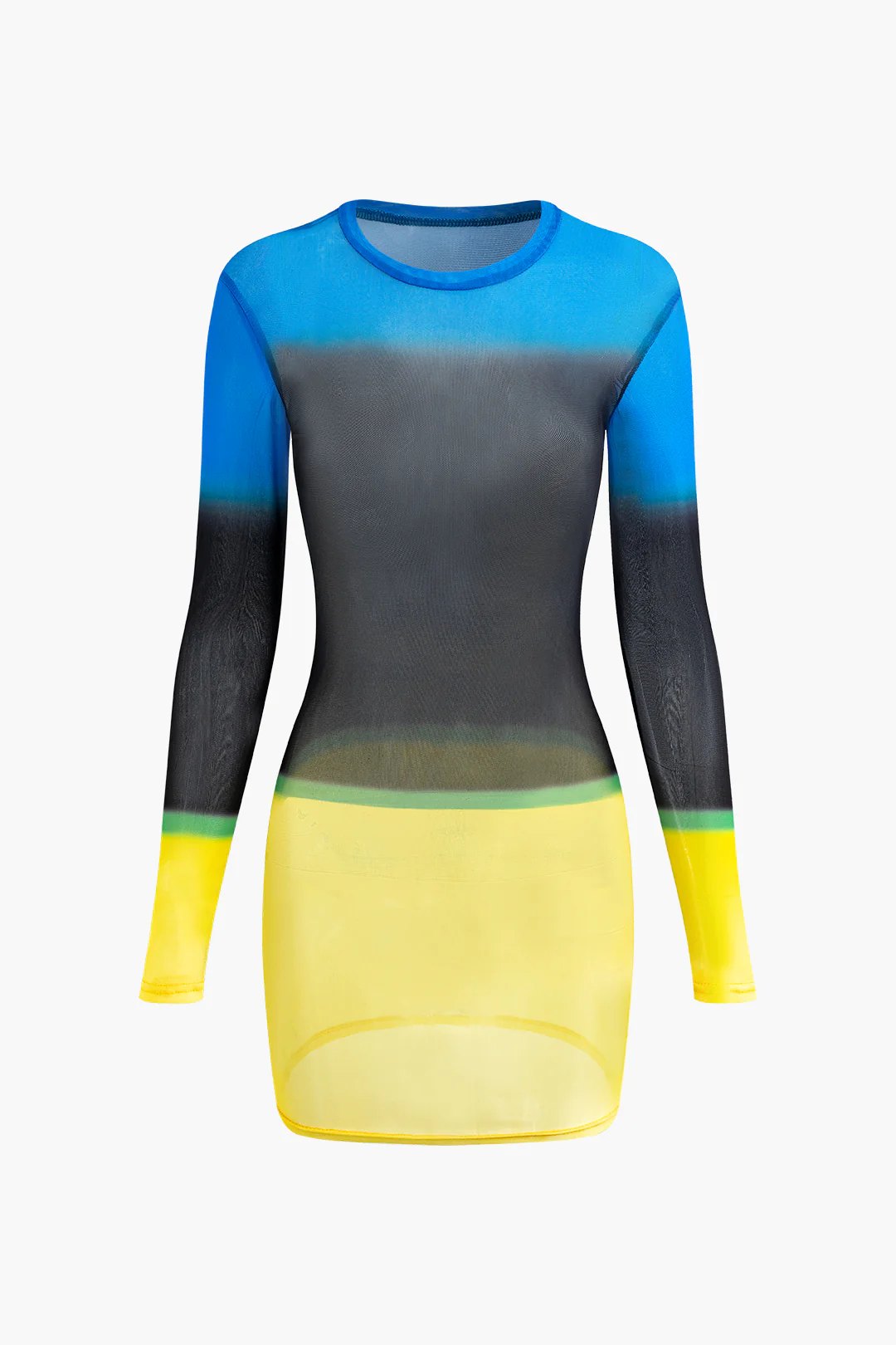 Mesh Ombre Print Round Neck Contrast Long Sleeve Mini Dress - Flockneti