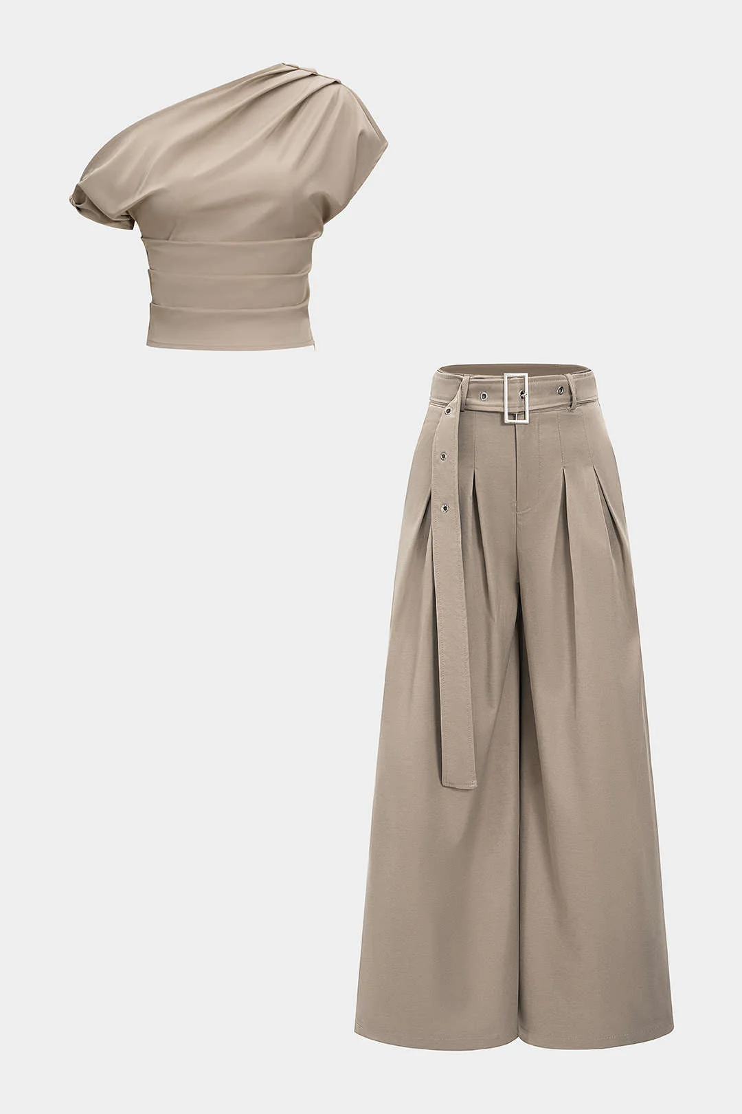 Ruched Asymmetrical Top And Belted Wide Leg Trousers Set - Flockneti