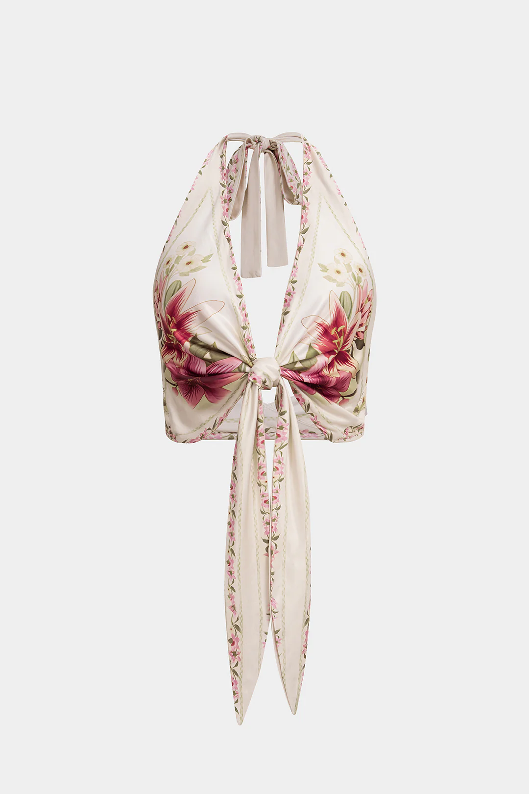 Floral Print Satin Halter Tie-Up Backless Sleeveless Cropped Top - Flockneti
