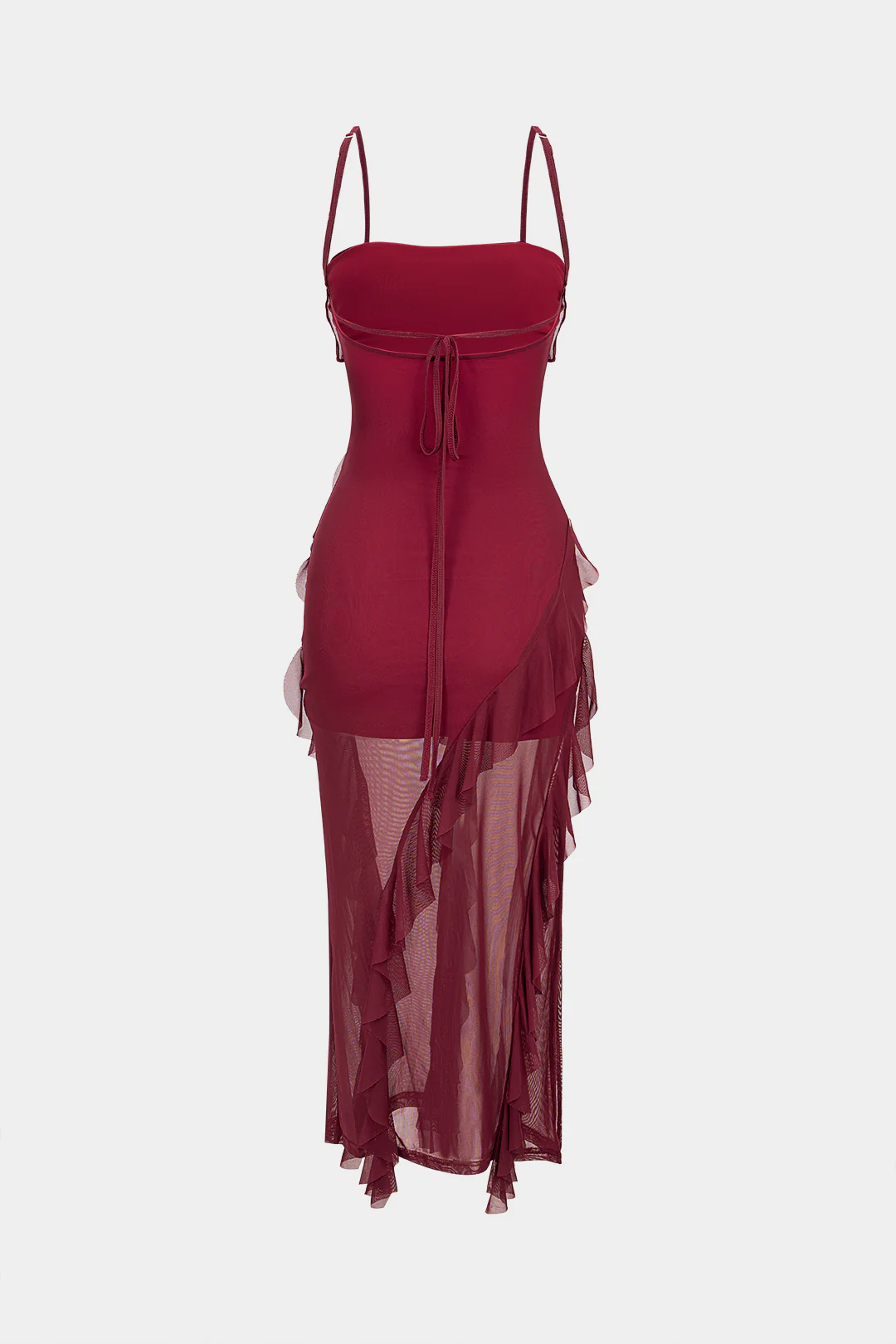 Mesh Patchwork Asymmetrical Ruffle Tie Back Sleeveless Maxi Dress - Flockneti