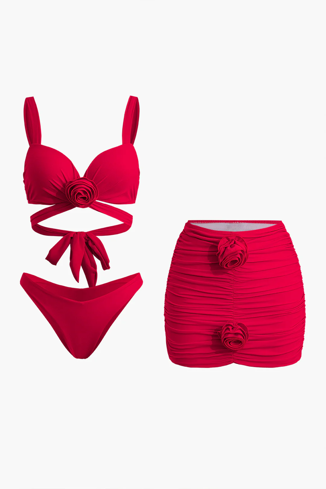 3D Flower Decor Tie Up Ruched Bikini Set - Flockneti