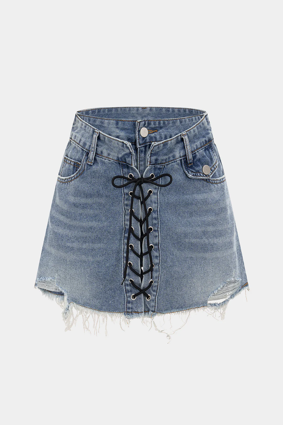 Denim Tie Up Ripped Hem Shorts - Flockneti