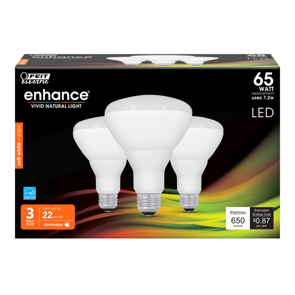 Feit Electric 65W BR30 Soft White Dimmable LED Bulb 3pk - Flockneti